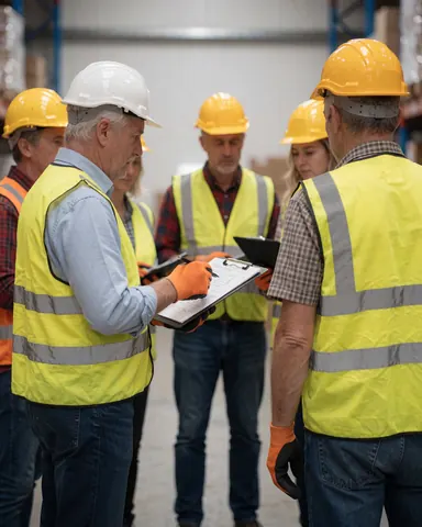 Workers in hard hats and safety vests gather around a large board to review industrial blueprints in a warehouse setting.