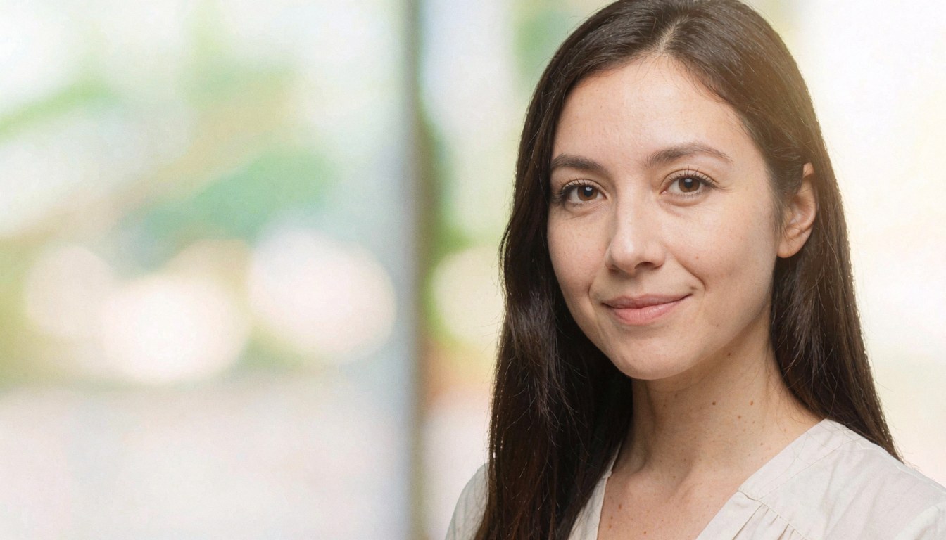 A smiling woman wearing a white shirt with a softly blurred background featuring gentle lights, suitable for corporate headshots.