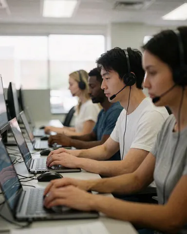 Support team members working on laptops with headsets in a modern office with natural light.
