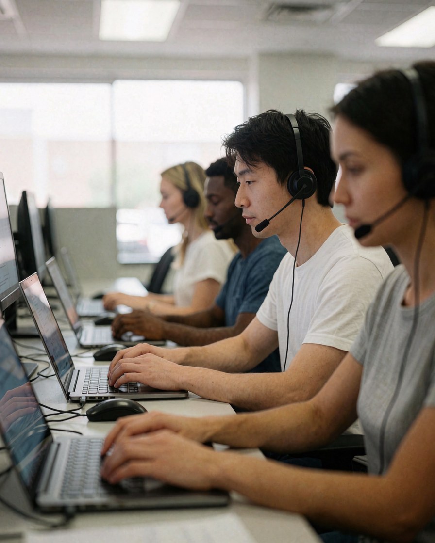 Support team members working on laptops with headsets in a modern office with natural light.