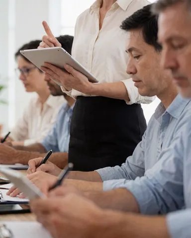 Professional woman holding a tablet while leading a business meeting in a modern office with natural light and a visible team.