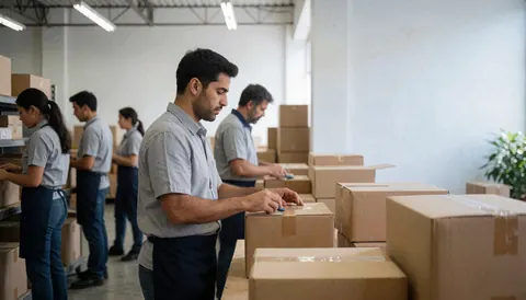 Workers in uniform stacking cardboard boxes with labels in a warehouse with industrial lighting and white walls
