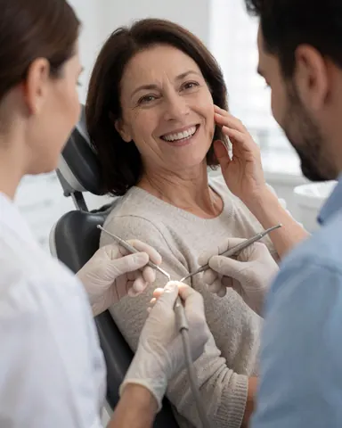 A dentist wearing gloves attends to a smiling client in a dental chair within a clean clinic setting.