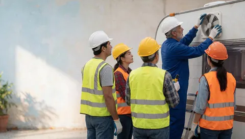 Mechanic adjusting a roof fan on a camper while other workers observe in an outdoor lot.