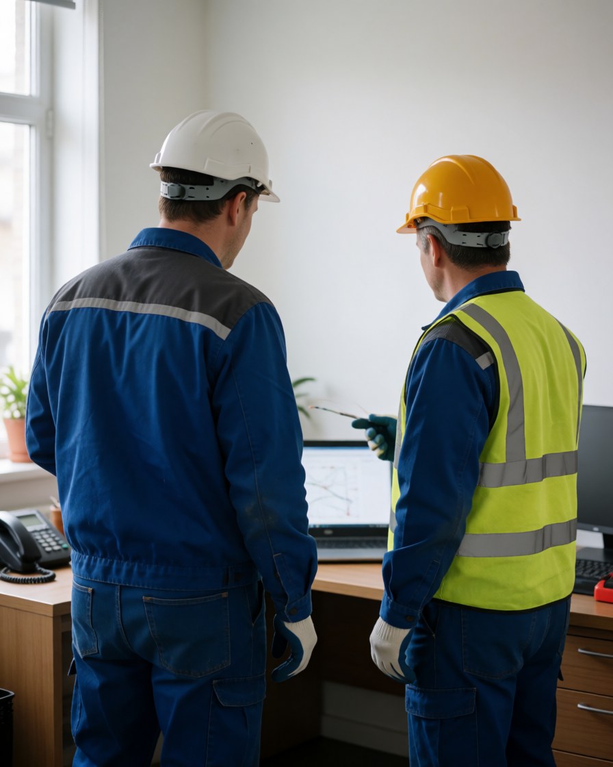 Two technicians in safety gear review an installation plan on a laptop in a bright office
