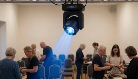 A blue spotlight mounted on a truss ceiling lights an empty event room where staff operate lighting controls.