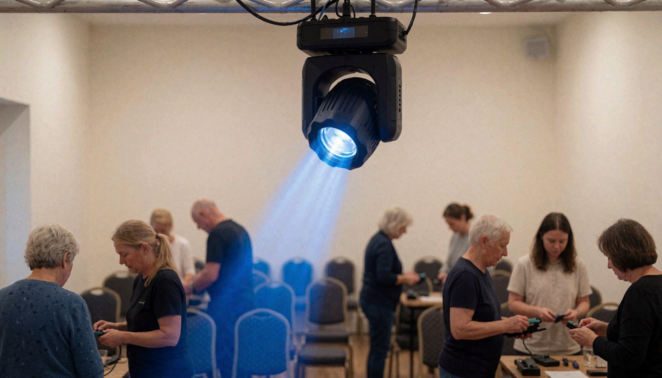 A blue spotlight mounted on a truss ceiling lights an empty event room where staff operate lighting controls.