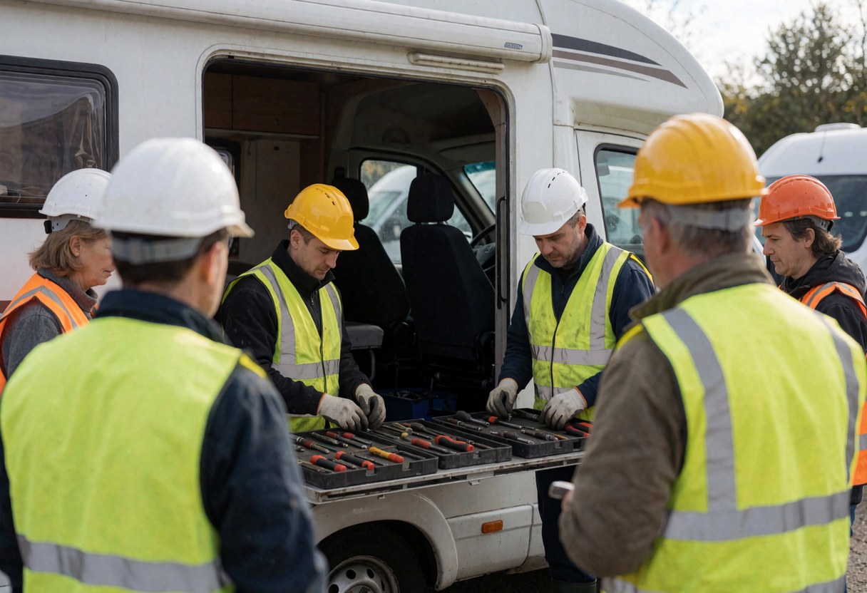 group of mechanics with helmets and vests checking tools in the back of a white camper at an outdoor workshop.
