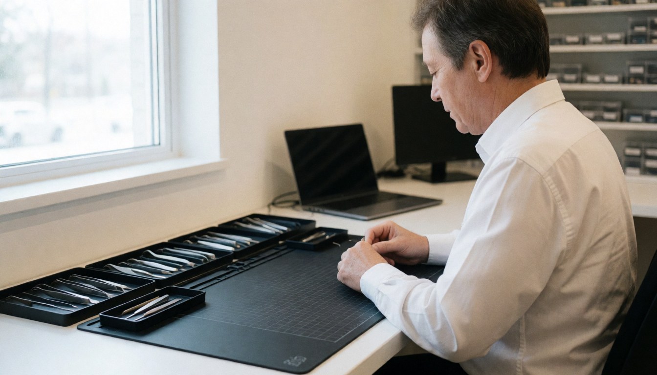 Electronics technician working on an anti-static table with tweezers and components, illuminated by natural light.