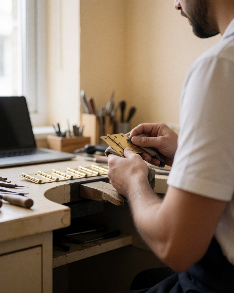 A man polishing brass furniture hardware using tools in a workshop with natural light.