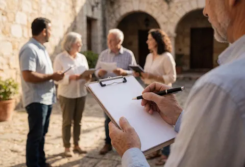 A party coordinator checks a clipboard while standing in a stone archway courtyard during sunset with clients nearby.