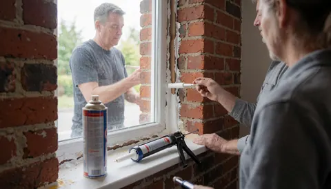 Two insulated window installers working on a window with foam on a red brick wall, with tools and products visible.