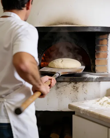 Baker in white apron places rustic bread dough into smoking brick oven with flour on nearby table