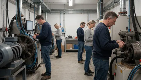 Technicians working on elevator repair in an industrial workshop with large motors and organized blue cables.