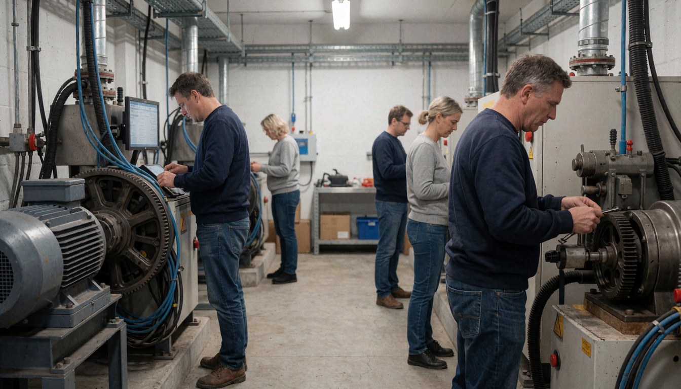 Technicians working on elevator repair in an industrial workshop with large motors and organized blue cables.