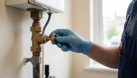 Close-up of a gloved hand tightening a bronze pipe valve during maintenance work.