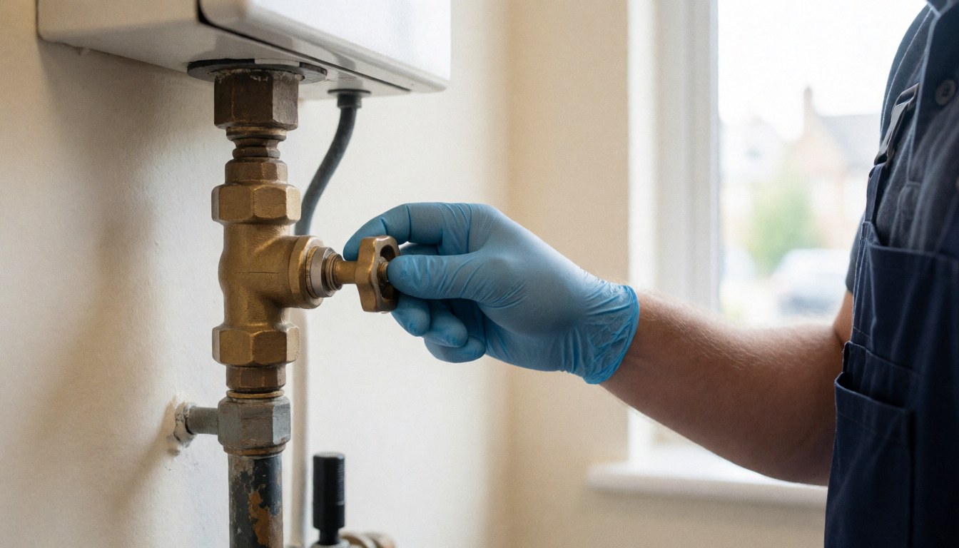 Close-up of a gloved hand tightening a bronze pipe valve during maintenance work.