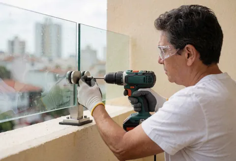 A technician uses an electric drill to install a glass panel on a balcony with a beige wall and city background.