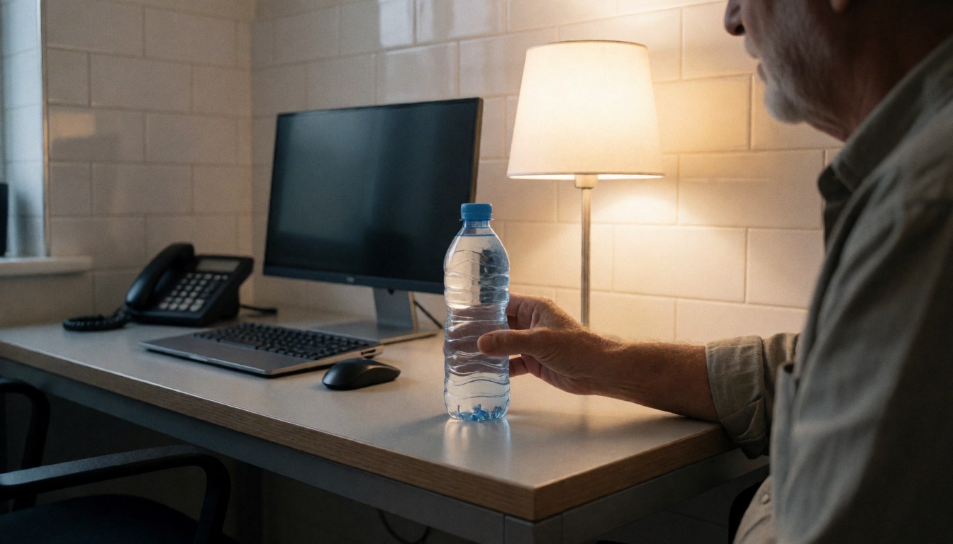 A hand holds a water bottle on a tiled desk with a computer and warm lamp lighting.