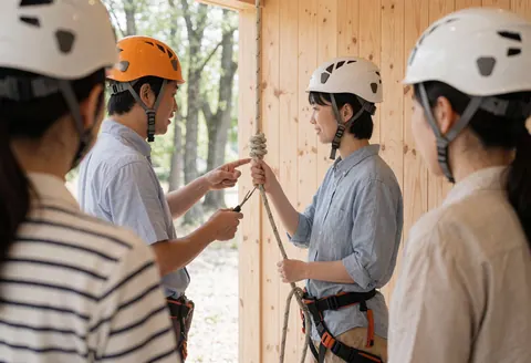 Adventure park instructor demonstrating a rope knot to a client wearing a helmet and harness with a wooden wall in the background