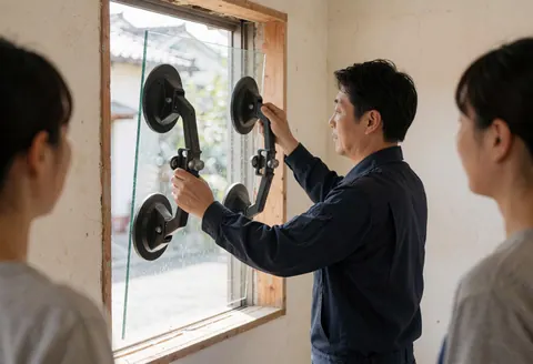 Worker installs insulated window glass in a wooden frame using suction cup supports while two people observe the installation process.