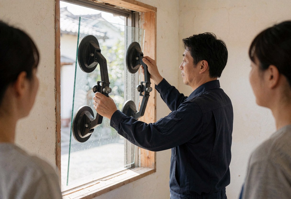 Worker installs insulated window glass in a wooden frame using suction cup supports while two people observe the installation process.