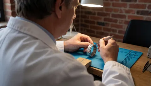 Close-up of a watchmaker's hands using tweezers to adjust a stainless steel watch strap on a blue work surface.