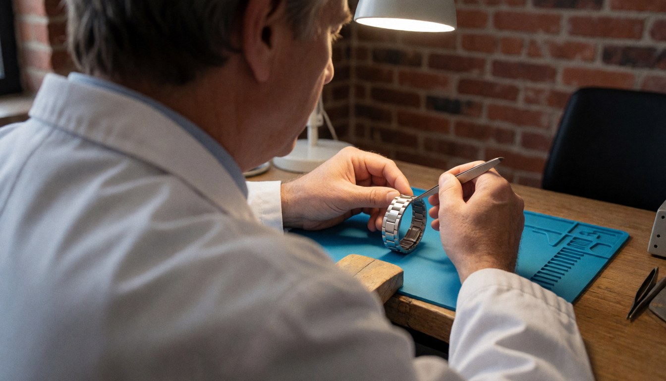 Close-up of a watchmaker's hands using tweezers to adjust a stainless steel watch strap on a blue work surface.