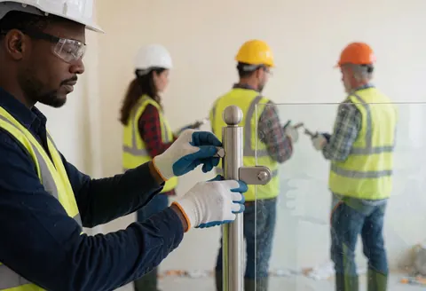 Worker in safety gear adjusts a metal bracket on a glass railing during installation