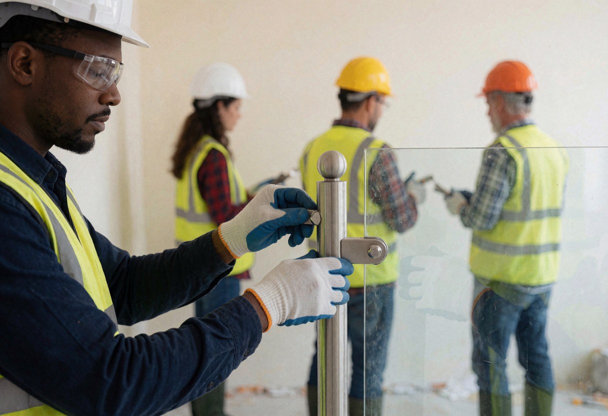 Worker in safety gear adjusts a metal bracket on a glass railing during installation