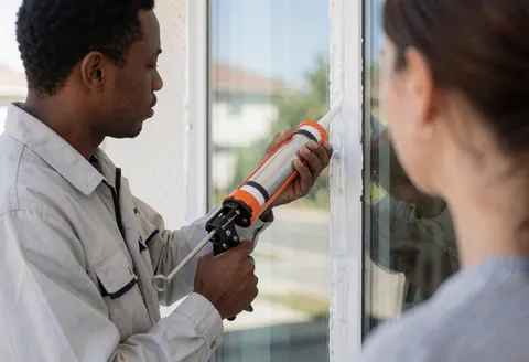 A worker applies silicone sealant to a window frame while a client observes the insulation installation service.