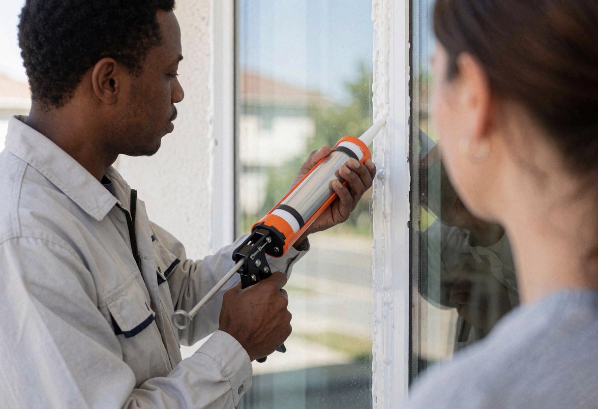 A worker applies silicone sealant to a window frame while a client observes the insulation installation service.