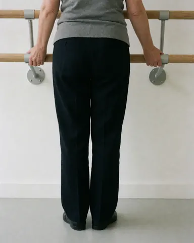 Dance instructor adjusting a wooden ballet barre in a studio with white walls and polished floor, showcasing professional team equipment.