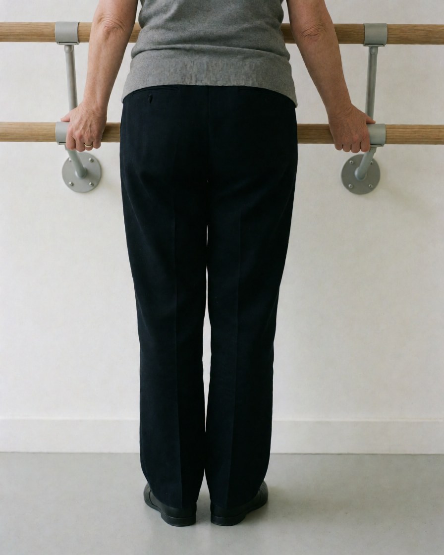 Dance instructor adjusting a wooden ballet barre in a studio with white walls and polished floor, showcasing professional team equipment.