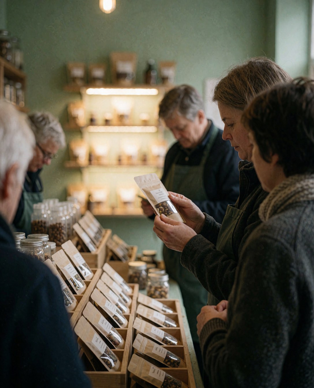 A customer inspects a package of resin in a natural products store with illuminated shelves and green walls.