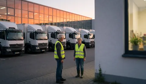 Two logistics workers wearing reflective vests standing in front of white cargo trucks with a modern building and sunset in the background.