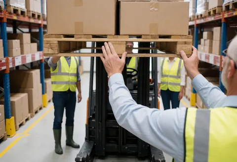 Worker lifts a pallet loaded with boxes in a warehouse with tall shelves and other employees wearing safety vests.