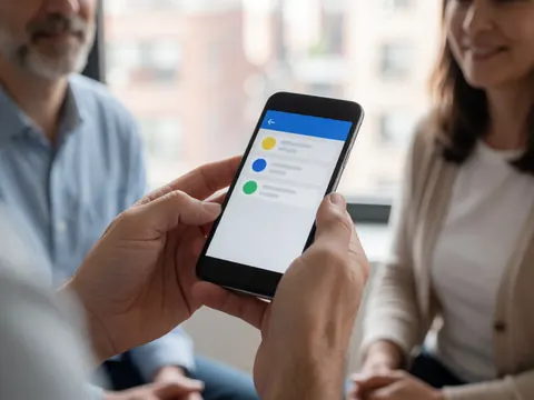 Close-up of hands holding a smartphone displaying an app interface during a professional meeting with natural window light and blurred urban background.