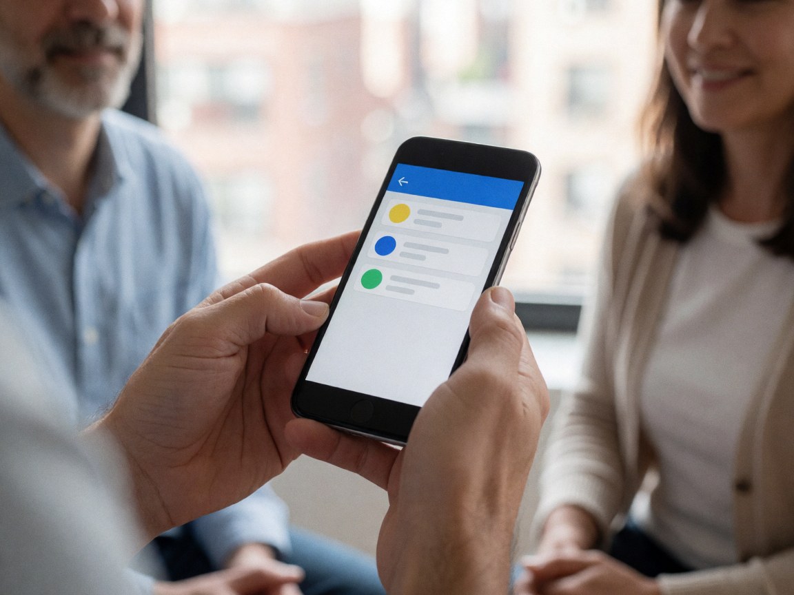 Close-up of hands holding a smartphone displaying an app interface during a professional meeting with natural window light and blurred urban background.