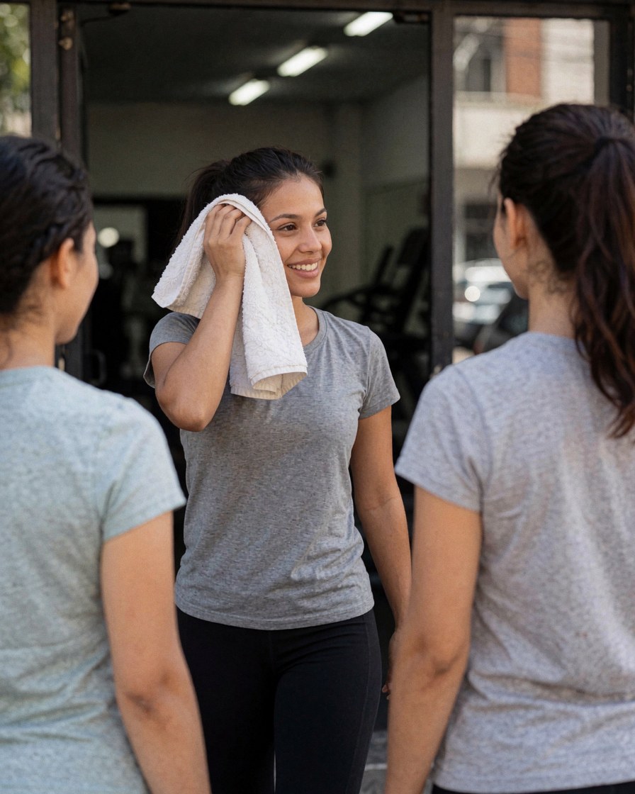 A smiling woman holding a towel stands next to two friends in a gym setting on a sunny day.