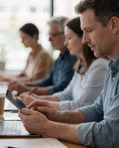 A man working on a tablet in a bright modern office with other professionals working in the background.