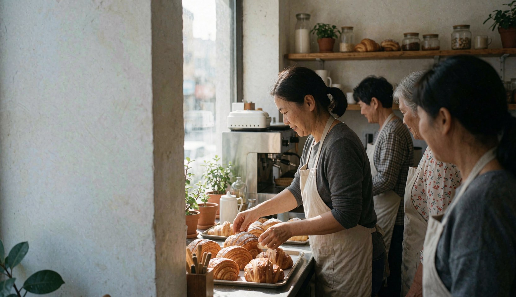 A cafe interior featuring a tray of pastries on display, coffee machine in operation, and wooden shelving units.