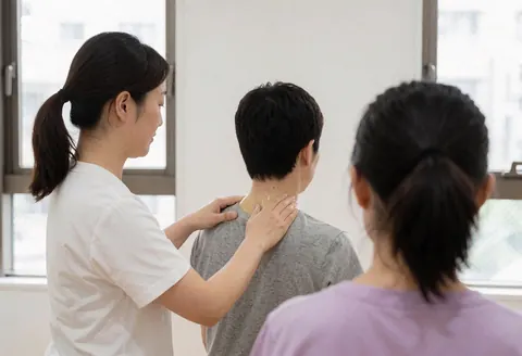 Therapist performing a Swedish neck massage with oil in a bright treatment room with large windows and white walls