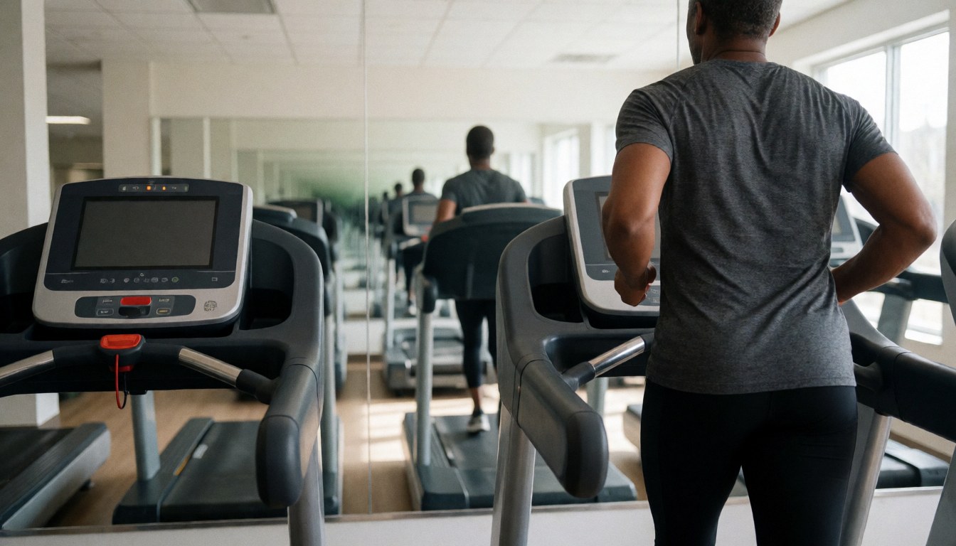 A person running on a treadmill in a modern gym with mirrors and natural light, suitable for sports club marketing.