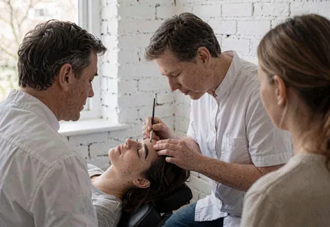 Technician applies eyebrow tint to a client with closed eyes in a salon with a white brick wall background