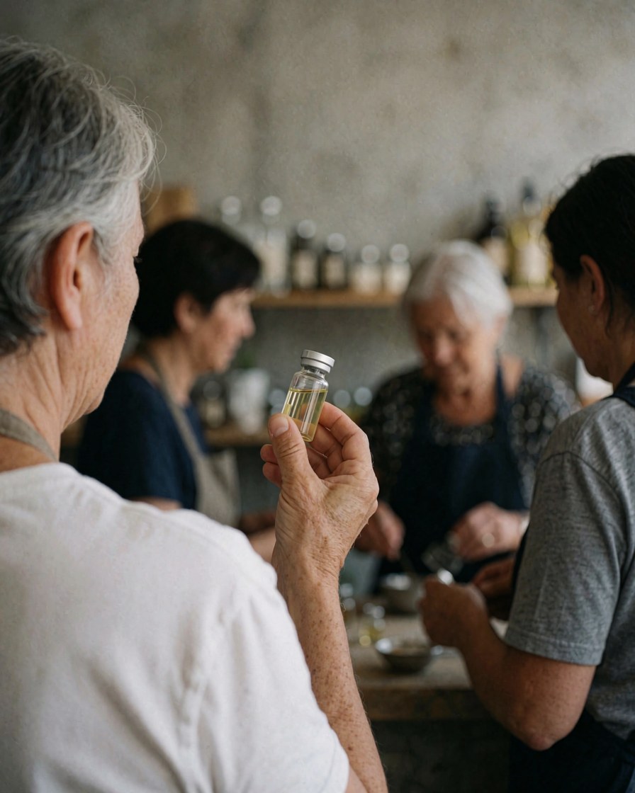 A smiling customer holds a small glass vial of balm in a traditional medicine workshop with concrete walls and others working in the background.