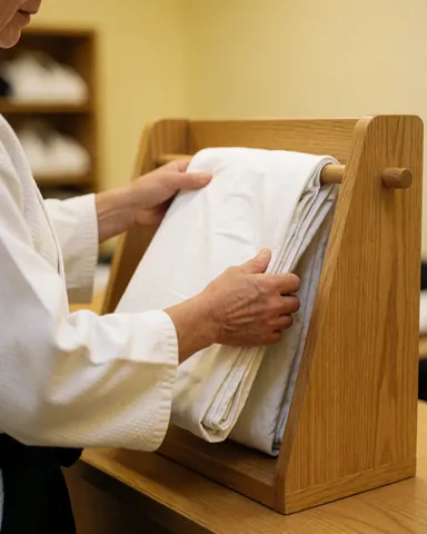Close-up of hands holding a white wooden gi in a clean dojo reception area with cream walls and uniform racks.