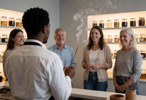 Incense burning in a resin shop with smiling customers and resin containers on illuminated shelves.