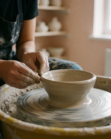 Hands molding wet clay on a spinning pottery wheel in a craft workshop with pots drying on shelves