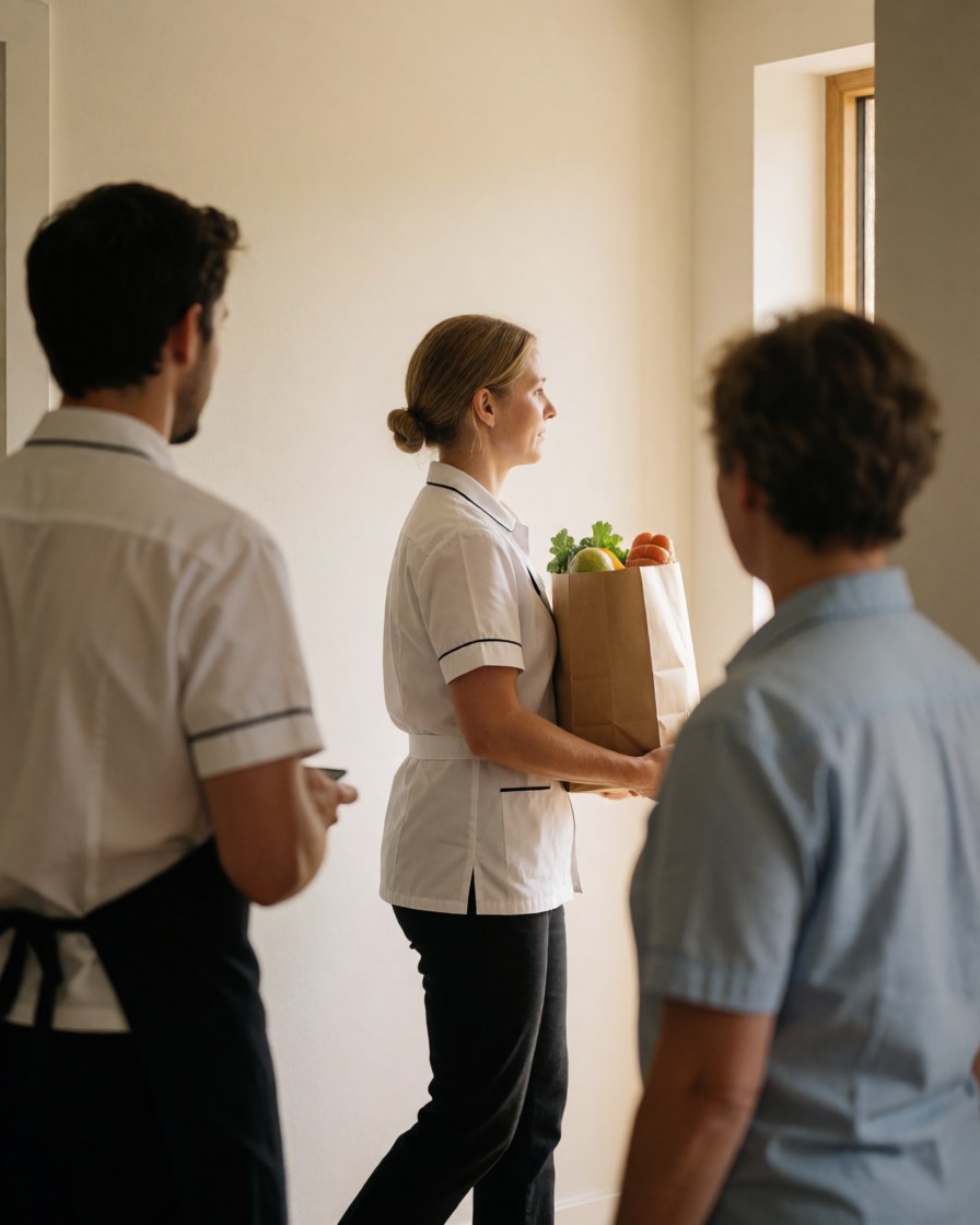 Vacation rental staff members carry a food bag toward the kitchen in a bright interior with white walls and natural light.